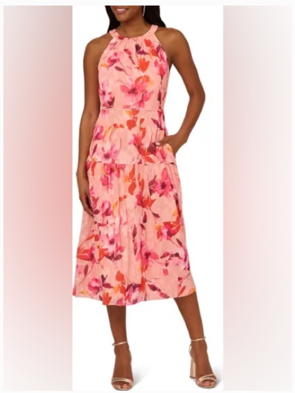 Adrianna Papell Pink Floral Halter Tiered Midi Dress